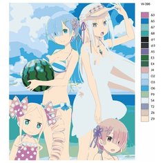Картина по номерам W-396 "Аниме - Re: Zero (Ре: Зеро). Рем, Эмилия, Беатрис, Рам" 70x90 Brushes Paints