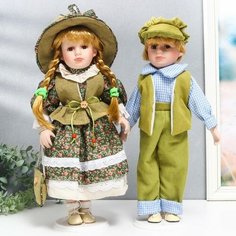 Кукла коллекционная парочка "Вика и Антон, розочки на зелёном" набор 2 шт 40 см Сима ленд