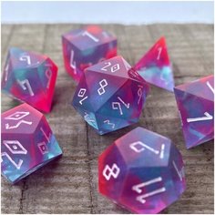 Дайсы ручной работы (игральные кости, кубики) для DnD, ДнД, Dungeons and Dragons, Pathfinder RPG (набор 7шт) Polychrome Tourmaline Fantasy Minis