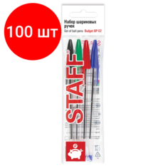 Комплект 100 шт, Ручки шариковые набор 4 цвета STAFF "Basic Budget BP-02", письмо 500 м, длина корпуса 13.5 см, линия письма 0.5 мм, 143762