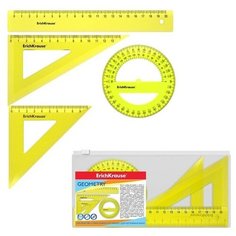 Набор геометрический ErichKrause Neon, средний (угольник - 2 штуки, линейка - 20 см, транспортир), жёлтый