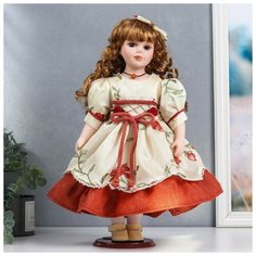 Кукла коллекционная керамика "Оля в платье с цветами и бордовой нижней юбкой" 40 см 6260943 Сима ленд
