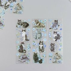 Наклейки для творчества "Серые котики и голубые цветы" набор 6 листов 18х6 см 9642084 Сима ленд