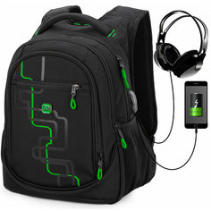 Рюкзак школьный с анатомической спинкой SkyName 90-140 черно-зеленый для подростка и USB-слотом Vt.Studio