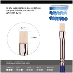 Кисть художественная Гамма "Манеж", синтетика упругая, плоская, длинная ручка, №2 (501002), 6шт. Gamma