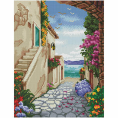 Алмазная мозаика ТРИ совы "Улочка к морю", 30*40см, холст на деревянном подрамнике, картонная коробка с пластиковой ручкой