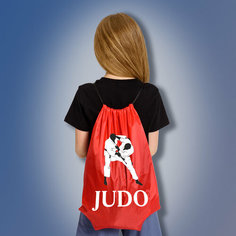 Сумка мешок для любителей дзюдо с изображением дзюдоистов и надписью JUDO, красного цвета