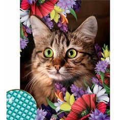 Алмазная мозаика с полным заполнением "Кот в цветах" 30х40 см, холст, емкость Школа талантов