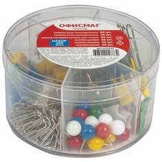 Набор офисмаг, скрепки 28 мм/60 шт, 50 мм/30 шт, гвоздики 50 шт, шарики, кубики, флажки по 20 шт, цилиндр, 226256