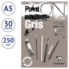 Альбом для смешанных техник Clairefontaine 30 л, А5, на склейке, "PaintON Grey", 250г/м2, серый (975808C)