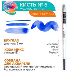 Кисть для акварели профессиональная Малевичъ Premium, коза микс, круглая, №6