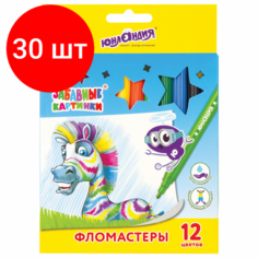 Комплект 30 шт, Фломастеры юнландия 12 цветов, "забавные картинки", вентилируемый колпачок, картон, 151678