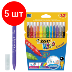 Комплект 5 шт, Фломастеры BIC "Kid Couleur", 12 цветов, суперсмываемые, вентилируемый колпачок, европодвес, 9202932