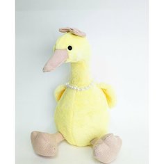 Уточка мягкая плюшевая игрушка мягкого лимонного цвета с украшением на шее бусами и звуковыми эффектами , твидовыми лапками и бантиком Нет бренда