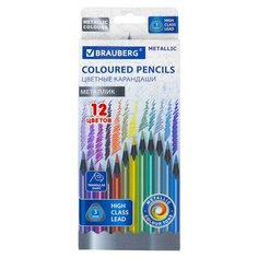 Карандаши цветные BRAUBERG METALLIC 12 цветов металлик черное дерево трёхгранные, 3 шт