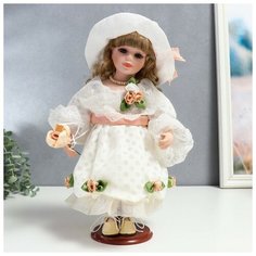 Кукла коллекционная керамика "Шелли в белом платье, шляпе и с розой" 30 см NO Name