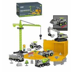 Набор "Строительная техника" в ящике(19 предметов) в коробке машинка(5), кран, дерево(2), тачка, забор, камень, фишки, знаки Китай