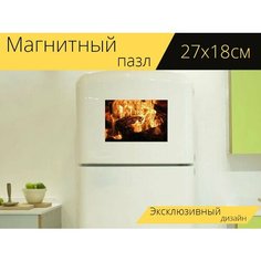 Магнитный пазл "Камин, огонь, древесина" на холодильник 27 x 18 см. Lots Prints