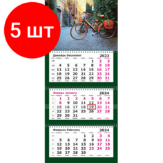 Комплект 5 штук, Календарь настенный 3-х блочный 2024.330х730 Премиум, Велосипед 3спир,80г/м2 Attache