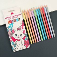 Цветные карандаши пастельные 12 цветов "Кошечка Мари", Кошечка Мари, трёхгранный корпус Disney