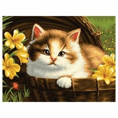 Картина по номерам на холсте ТРИ совы "Котенок в корзине", 30*40, с акриловыми красками и кистями (арт. 358727)