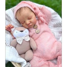 Кукла реборн NPK Doll 43 cм. мягконабивная. Кукла младенец Reborn в розовом комбинезоне