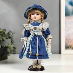 Кукла коллекционная, керамика, Алиса в джинсовом платье с клетчатой накидкой 30 см Denco Store