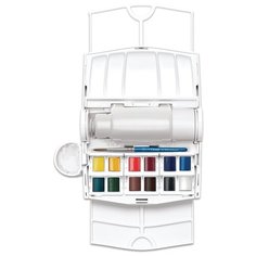 Краски акварельные художественные Акварель Winsor&Newton "Cotman Field Plus", 12 мал. кюв. + аксессуары (кисть, фляжка), пласт. коробк