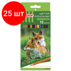 Комплект 25 шт, Карандаши цветные пифагор "лесные жители", 12 цветов, пластиковые, классические заточенные, 181334