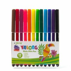 YALONG Фломастеры, 12 цв, Yalong, смываемые чернила, корпус круглый, "Toucan", вентилируемый колпачок