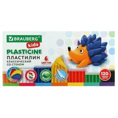 Пластилин 6цв 120г BRAUBERG "KIDS", со стеком, высшее качество 106435 Нет бренда