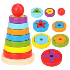 Деревянная пирамидка с геометрическими фигурами 2в1 / сортер Lansi