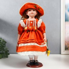 Кукла коллекционная керамика "Вера в ярко-оранжевом платье и шляпе с розами" 40 см Россия