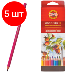 Комплект 5 шт, Карандаши цветные акварельные художественные KOH-I-NOOR "Mondeluz", 18 цветов, 3.8 мм, заточенные, европодвес, 3717/18, 3717018001KSRU