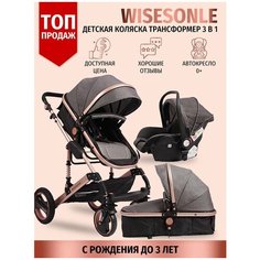 Детская коляска Wisesonle трансформер 3 в 1, люлька для новорожденных и прогулочная до 3-х лет, автокресло 0+ 2023 "Серая"