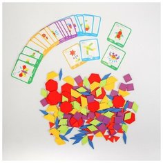 Деревянная игрушка "Развивающий геометрический пазл", 24,5 x 21,3 x 4 см, 24 карточки, 155 деталей Без бренда