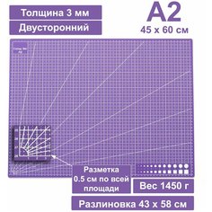 Коврик для резки двусторонний А2 450 х 600 мм фиолетовый / Мат для резки непрорезаемый для раскройного ножа / Самовосстанавливающийся Patchy
