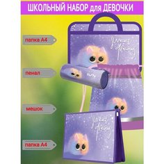 Школьный набор "котик" (папка А4, пенал, папка для тетрадей А5, сумка для обуви), Арт. 2803Котик Отличник