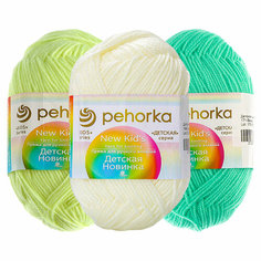 Пряжа для вязания Пехорка Детская новинка, комплект: 3 шт, цвета: суровый (166), весна (171), солнечный (725), состав: 100% акрил