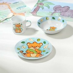 Набор детской посуды из керамики Тигрёнок с грушами, 3 предмета: кружка 230 мл, миска 400 мл, тарелка d 18 см Китай