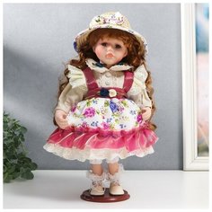 Кукла коллекционная керамика "Женечка в платье с цветами, в соломенной шляпке" 30 см Noname