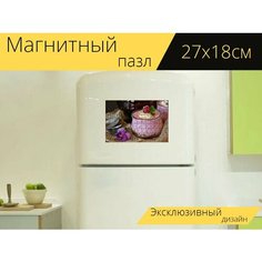 Магнитный пазл "Кварк, творог обеденном малина, десерт" на холодильник 27 x 18 см. Lots Prints