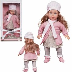 Кукла Junfa в теплой одежде: в сером платье и розовых кофте, шапке, шарфе 45 см WJ-30107