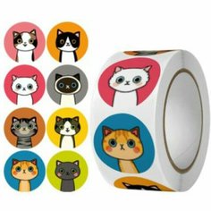 Наклейка бумага "Нарисованные кошки" d=2,5 см 500 шт в рулоне 3х6,5х6,5 см Noname