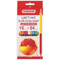 Цветные карандаши Пифагор двусторонние "сочные фрукты", 12 штук, 24 цвета, заточенные (181361)