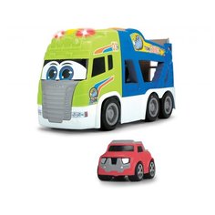 Dickie Транспортер Happy Scania + 1 машинка и платформа для выгрузки машинки, свет и звук, 42 см