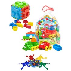 Развивающие игрушки для малышей набор Сортер Кубик логический большой + Конструктор "Кноп-Кнопыч" 61 дет. + Команда КВА №1 биплант