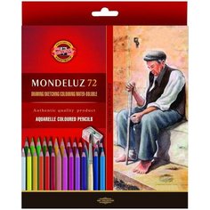 Карандаши цветные 72 цвета Koh-I-Noor Mondeluz Old Man акварельные деревянные художественные с 2 точилками и 3 кистями в картонной коробке