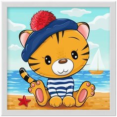 АЖ-1940 Картина стразами Тигренок на море 20*20 см Алмазная живопись