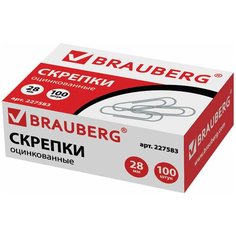 Скрепки BRAUBERG, 28 мм, оцинкованные, 100 шт, в картонной коробке, 227583 В комплекте: 30шт.